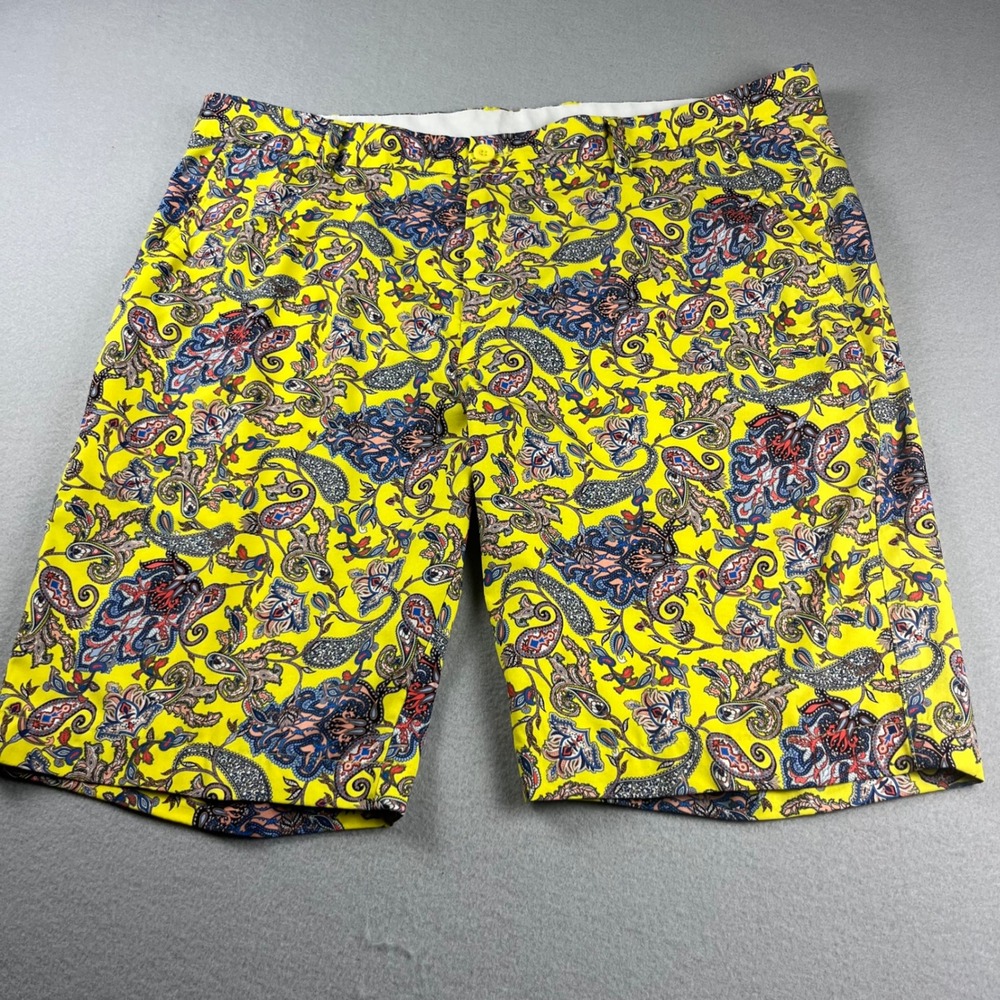 Hreski Mens Yellow Paisley Golf Shorts Flat Front Vibrant Summer Size 38
